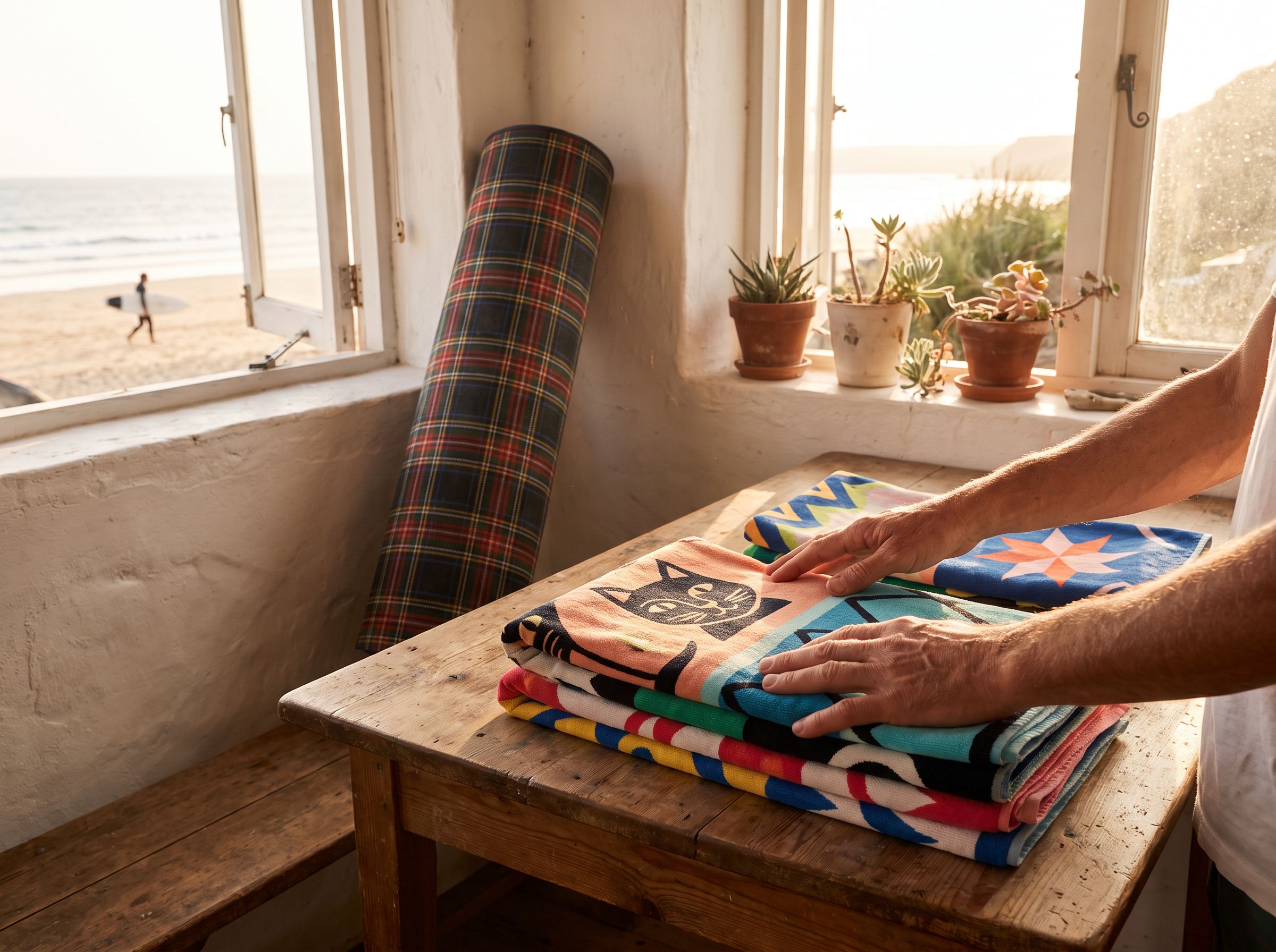 Tapis de plage pliés sur une table en bois, face à la mer
